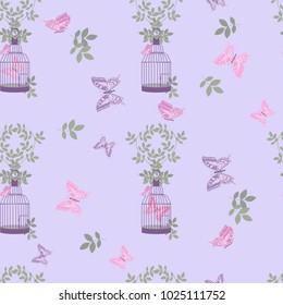 Seamless vectorial, vintage, romantic illustration with decorative bird cage and butterflies on a lilac background. for decorating textiles, packaging, wallpapers and web pages.