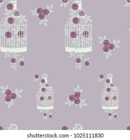 Seamless vectorial, vintage, romantic illustration with decorative bird cage and a rose branch in pastel colors. for decorating textiles, packaging, wallpapers and web design.