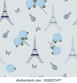 Seamless vectorial, vintage, romantic illustration with flowers of hydrangea, butterflies and Eiffel tower on a blue background. For decoration of textiles, packaging, wallpaper.