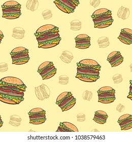 Seamless vectorpattern with burgers on a yellow background. 