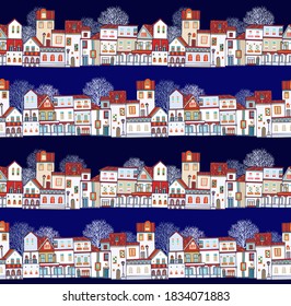 Seamless vectorpattern with winter, Christmas city scenes, old style vintage houses, silhoutes of trees, on dark blue  background