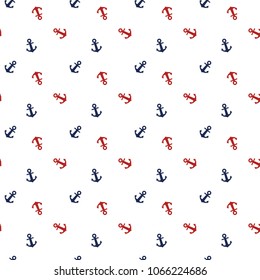 Seamless vectors of blue and red nautical/marine anchors on a white background. Cute repeat pattern for textile or wrapping paper. Concept of navy and ocean.