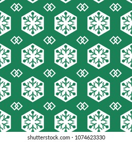 Seamless vectors pattern. Vintage style snowflakes pattern for textile, tiles, carpet or paper. Decorative repeat geometric pattern on green background. Concept of festival, Christmas and winter.