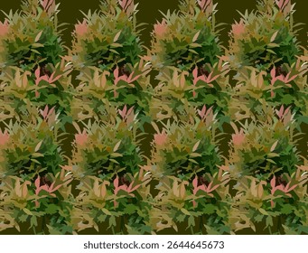 Seamless vector-style pattern of dense tropical foliage featuring various shades of green and subtle pink highlights. The composition includes layered leaf shapes with an artistic, hand-drawn effect