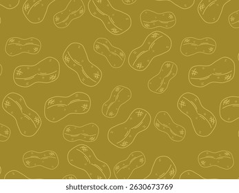 A seamless vector-style pattern featuring hand-drawn peanuts in shells, illustrated with simple brown line art on a brown background. This fun and organic design is ideal for food packaging