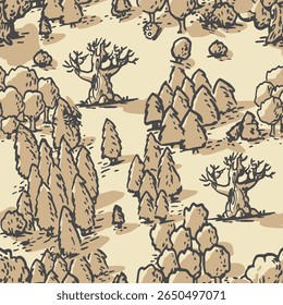 Seamless vectpr pattern of old map. Hand drawn forest top view. Park view from above. Doodle background with trees aerial POV.