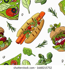  Seamless vegan fast food pattern. Burger, pizza, hot dog, spinach, rosemary. Сartoon style illustration on a white background. Design for wallpaper, fabric, textile, print, packaging, background, caf