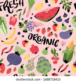 Seamless Vegan Pattern with fruits and vegetable. Fresh, organic and natural food  on pink background with lettering fresh, organic