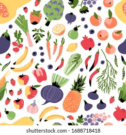 Seamless Vegan Pattern with fruits and vegetable. Fresh, organic and natural food  on white background.