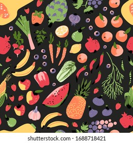 Seamless Vegan Pattern with fruits and vegetable. Fresh, organic and natural food  on black background.