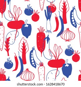 Seamless vegetable background.
Vegetables vector. Patterns for kitchen utensils. Proper nutrition.
Vegan food.