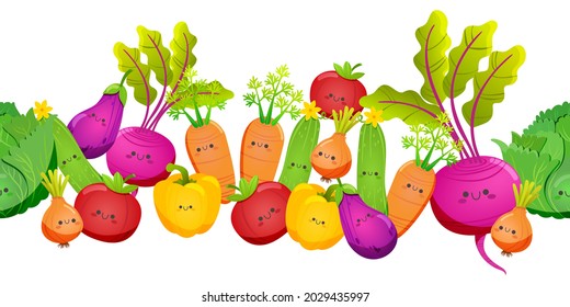 Seamless vegetable border.  Beets, carrots, cucumber, tomato, onion, eggplant, cabbage, pepper.  Vector images.