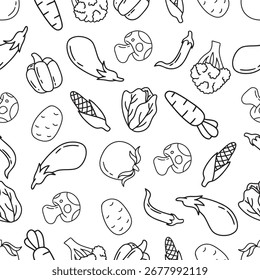 Padrão de contorno vegetal sem costura sobre fundo branco. Design monocromático mínimo com tomate, cenoura e muito mais. Ótimo para têxteis, tecido, papel de parede e embalagem