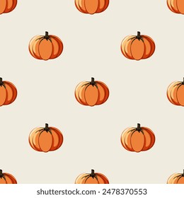 Seamless vegetable pattern. Autumn dark gray background with orange pumpkins. Vector illustration for printing on fabric, wallpaper, packaging, etc.