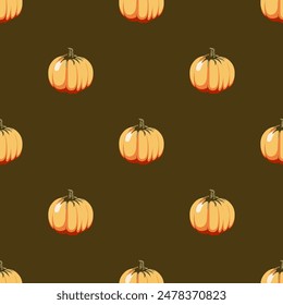 Seamless vegetable pattern. Autumn yellow brown background with orange pumpkins. Vector illustration for printing on fabric, wallpaper, packaging, etc.