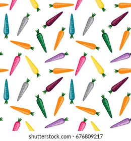 Seamless vegetable pattern. Background in small multi-colored carrots on a white background for textiles, fabric, cotton fabric, cover, wallpaper, stamp, gift wrap, postcard, scrapbooking.