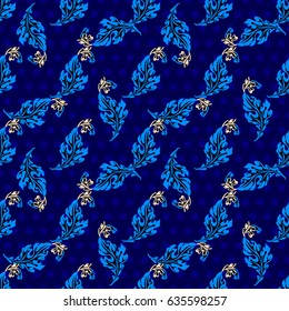 Seamless vegetable pattern. Bouquets of leaves and circles on a dark blue background.