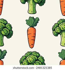 Seamless vegetable pattern with broccoli and carrot
