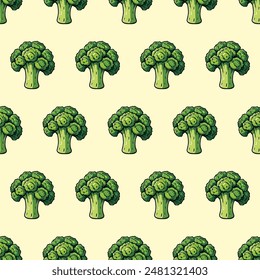 Seamless vegetable pattern with broccoli on cream background