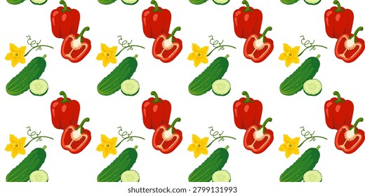 seamless vegetable pattern with cucumber and red bell pepper illustration design