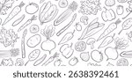 A seamless vegetable pattern in doodle hand-drawn style, featuring various veggies. Perfect for digital backgrounds, packaging, wrapping paper, textiles, kitchen decor, and wallpaper designs.
