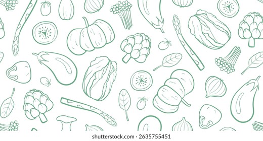 A seamless vegetable pattern in doodle hand-drawn style, featuring various veggies. Perfect for digital backgrounds, packaging, wrapping paper, textiles, kitchen decor, and wallpaper designs.