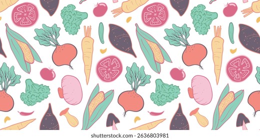 A seamless vegetable pattern in doodle hand-drawn style, featuring various veggies. Perfect for digital backgrounds, packaging, wrapping paper, textiles, kitchen decor, and wallpaper designs.