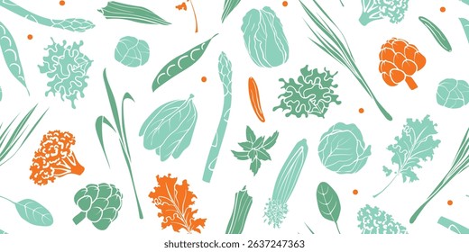 A seamless vegetable pattern in doodle hand-drawn style, featuring various veggies. Perfect for digital backgrounds, packaging, wrapping paper, textiles, kitchen decor, and wallpaper designs.