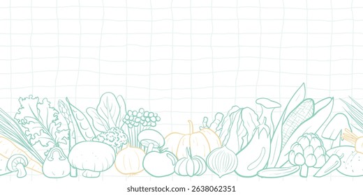 A seamless vegetable pattern in doodle hand-drawn style, featuring various veggies. Perfect for digital backgrounds, packaging, wrapping paper, textiles, kitchen decor, and wallpaper designs.