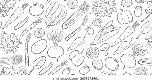 A seamless vegetable pattern in doodle hand-drawn style, featuring various veggies. Perfect for digital backgrounds, packaging, wrapping paper, textiles, kitchen decor, and wallpaper designs.