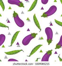 Seamless vegetable pattern with eggplant and pea pods.