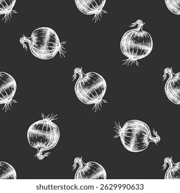 Seamless vegetable pattern featuring hand drawn onion bulbs in vintage engraving style. White chalk lines on black background create rustic culinary charm. Ideal for farm product packaging, organic.