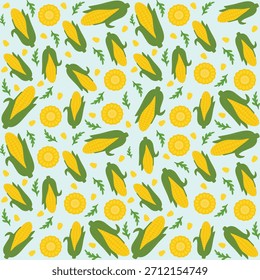 Un patrón de vegetales sin fisuras con mazorcas de maíz enteras, granos de maíz, rodajas de maíz y cáscaras verdes sobre un fondo azul claro suave. La paleta de color amarillo brillante y verde crea una cosecha cálida