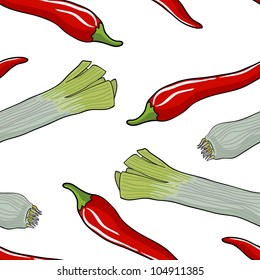 Seamless vegetable pattern leek and red pepper vector illustration