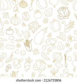 Seamless vegetable pattern. Linear hand drawn doodles of vegetables and fruits, root vegetables and mushrooms, olives and avocados on white background. Vector illustration for thematic design, decor