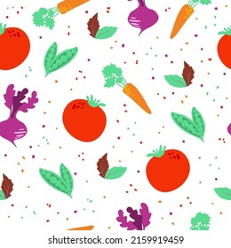 Seamless vegetable pattern. Painted in a flattened style. Websites about proper nutrition and ordering produce from farm stores. Organic foods. Healthy food vector concept with flat veggies.
