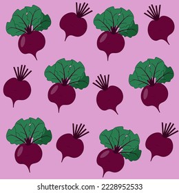 Seamless vegetable pattern. Set of beetroot with green leaves on violet background. 