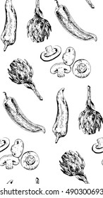 Seamless vegetable pattern.Black and white background. Artichoke, mushrooms and peppers. Vector illustration
