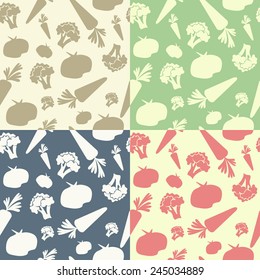 Seamless vegetable patterns set. Flat design vector. 