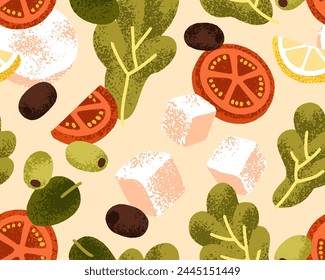 Seamless vegetable salad pattern. Fresh lettuce, olive, tomato and feta. Mediterranean cuisine, endless background, repeating print. Healthy ingredients, Italian kitchen. Flat vector illustration