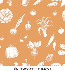 Seamless vegetable vector pattern drawn in ink by hand, for jewelry and decoration of packaging and recipe book, icons