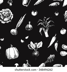 Seamless vegetable vector pattern drawn in ink by hand, for jewelry and decoration of packaging and recipe book, icons