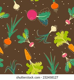 Seamless vegetables background with onion, radish, beet, carrot and garlic in retro style