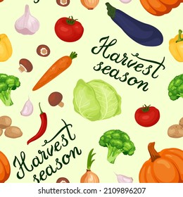 Seamless vegetables pattern with lettering harvest season. Vector vegetables in flat style. Organic healthy food