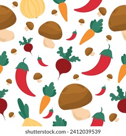 Nahtlose Gemüsemuster auf weißem, isoliertem Hintergrund. Farbiges und köstliches Gemüse - Möhren, Pilze, Rüben, warme Paprika. Für Küchentextilien, Tapete, Verpackungspapier.