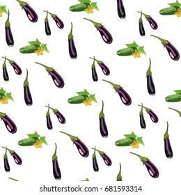 Seamless Vegetables Pattern with Red Peppers, Eggplants and Cucumbers. Funny Vegetable Pattern.