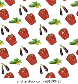 Seamless Vegetables Pattern with Red Peppers, Eggplants and Cucumbers. Funny Vegetable Pattern.