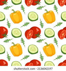 Seamless vegetables pattern with tomato, cucumber, leave of arugula and pepper on white background. Healthy vegan food print for textiles, paper and designs. Vector flat illustration