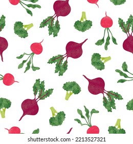 Seamless vegetables pattern. Vector watercolor food background with radish, beet and broccoli.