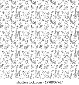 Patrón de verduras sin foco.Vector de doodle con íconos de comida de verduras en fondo blanco.Iconos de comida vegetariana vintage, fondo de elementos dulces para el menú, cafetería. 